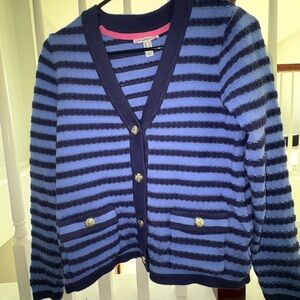 Isaac Mizrahi Blue Striped Gold Accents Cardigan Sweater XS pre-owned